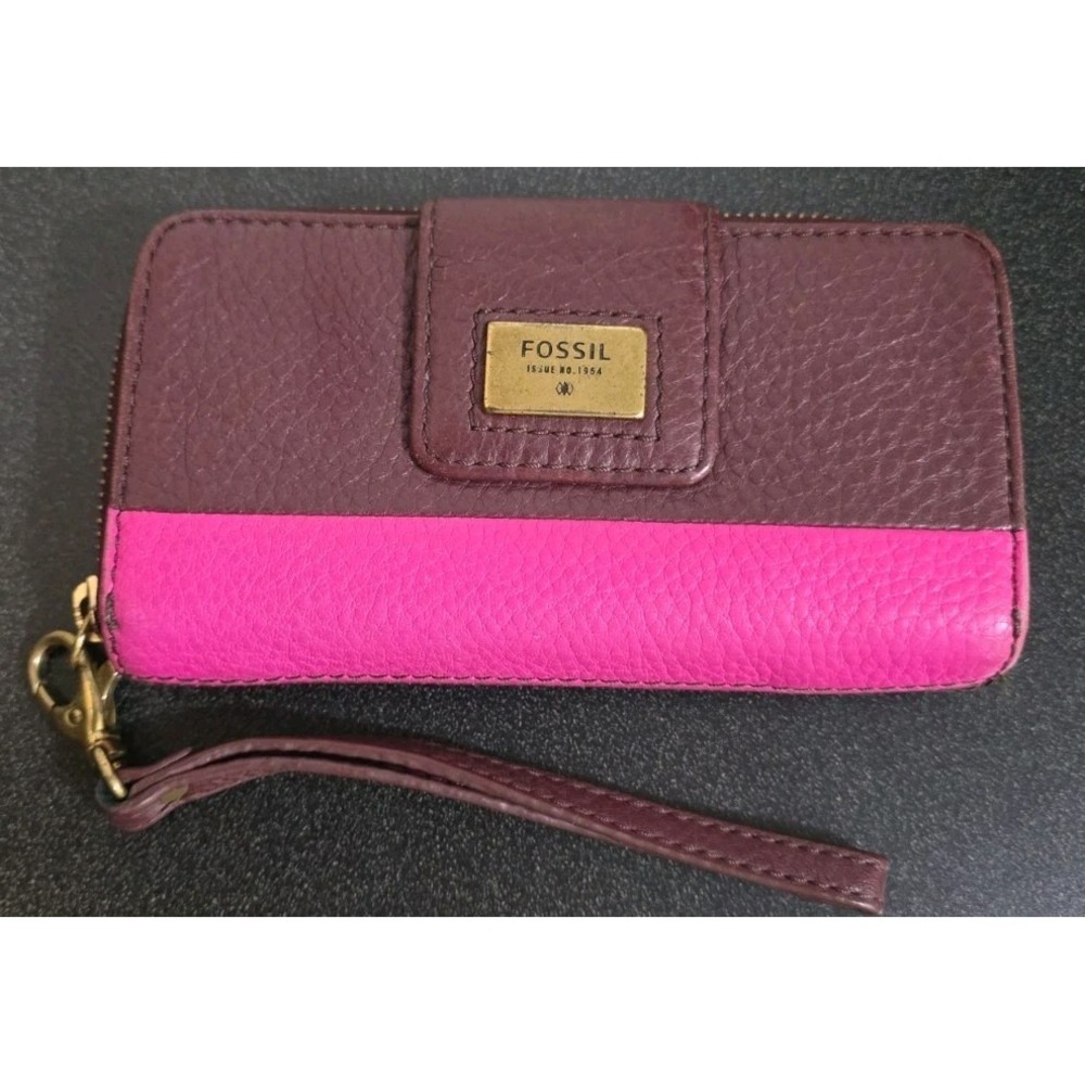 Fossil Women Bifold Wallet Pink Maroon Two-tone Snap Close Zip Around‎ Boho EUC